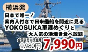 横浜発　日本で唯一！案内人付きで日米艦船を間近に見るYOKOSUKA軍港めぐりと大人気の浜焼き食べ放題