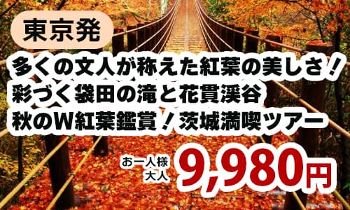 東京発　多くの文人が称えた紅葉の美しさ！彩づく袋田の滝と花貫渓谷　秋のW紅葉鑑賞！茨城満喫ツアー