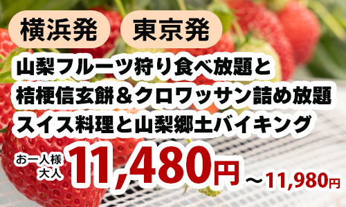 山梨で季節のフルーツ狩り食べ放題と大人気！桔梗信玄餅詰め放題＆バスツアー名物クロワッサン詰め放題!スイス料理と山梨郷土バイキング