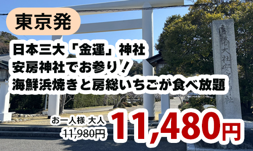 東京発　日本三大「金運」神社安房神社でお参り！　海鮮浜焼きと房総いちごがそれぞれ食べ放題