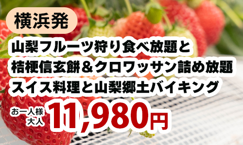 山梨で味わう！旬のいちご狩り食べ放題と大人気！桔梗信玄餅詰め放題＆バスツアー名物クロワッサン詰め放題!スイス料理と山梨郷土料理バイキング