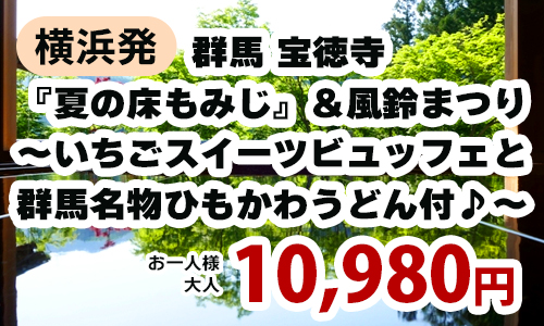 横浜発　群馬 宝徳寺『夏の床もみじ』＆風鈴まつり～いちごスイーツビュッフェと群馬名物ひもかわうどん付♪～