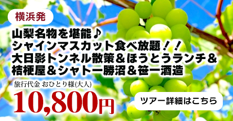 横浜発　山梨名物を堪能♪シャインマスカット食べ放題！！　～大日影トンネル散策＆ほうとうランチ＆桔梗屋＆シャトー勝沼＆笹一酒造～