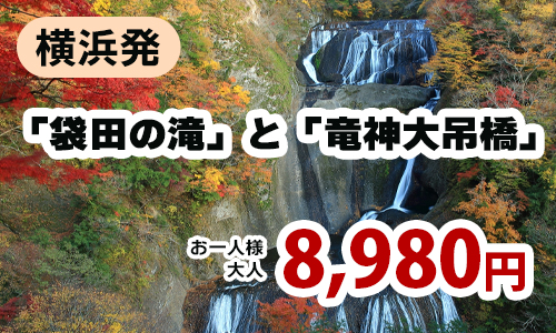 横浜発　紅葉感じる日本三名瀑「袋田の滝」とスリル×自然を満喫「竜神大吊橋」 ～茨城県産食品を使ったランチプレート付き♪～