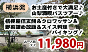 横浜発　お土産付きで大満足♪山梨満喫バスツアー♪～桔梗屋信玄餅＆クロワッサン＆野菜詰め放題＆スイス料理バイキング！～