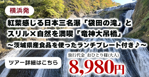 横浜発　紅葉感じる日本三名瀑「袋田の滝」とスリル×自然を満喫「竜神大吊橋」 ～茨城県産食品を使ったランチプレート付き♪～