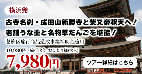 横浜発　古寺名刹・成田山新勝寺と柴又帝釈天へ！老舗うな重と名物草だんごを堪能！