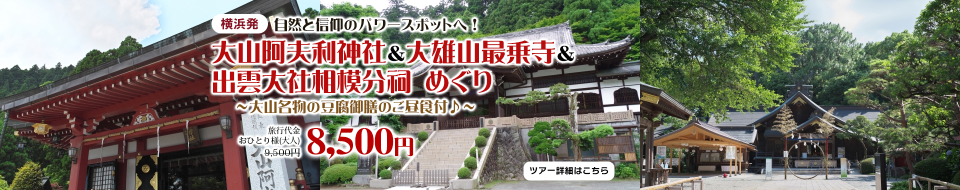 横浜発　自然と信仰のパワースポットへ！絶景の『大山阿夫利神社』＆『大雄山最乗寺』＆『出雲大社相模分祠』めぐり～大山名物の豆腐御膳のご昼食付♪～