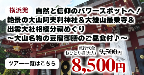 横浜発　自然と信仰のパワースポットへ！絶景の『大山阿夫利神社』＆『大雄山最乗寺』＆『出雲大社相模分祠』めぐり～大山名物の豆腐御膳のご昼食付♪～