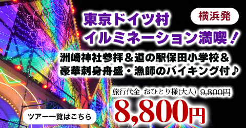 横浜発　光の絶景☆『東京ドイツ村』イルミネーション満喫！～洲崎神社参拝＆道の駅保田小学校＆豪華刺身舟盛・漁師のバイキング付♪～