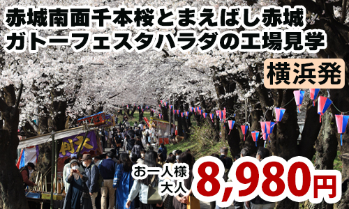 横浜発　桜のトンネル“赤城南面千本桜”と話題の道の駅「まえばし赤城」でお買い物＆群馬の人気お土産ガトーフェスタハラダの工場見学ツアー