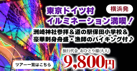 横浜発　光の絶景☆『東京ドイツ村』イルミネーション満喫！～洲崎神社参拝＆道の駅保田小学校＆豪華刺身舟盛・漁師のバイキング付♪～