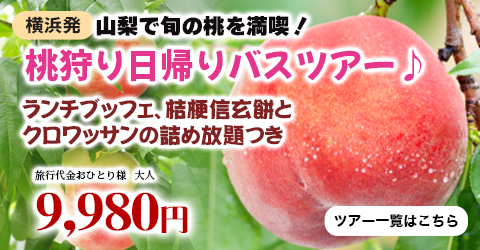 横浜発　山梨もも狩り　山梨で旬の桃を満喫！桃食べ放題日帰りバスツアー　～ランチブッフェ、桔梗信玄餅とクロワッサンの詰め放題つき～